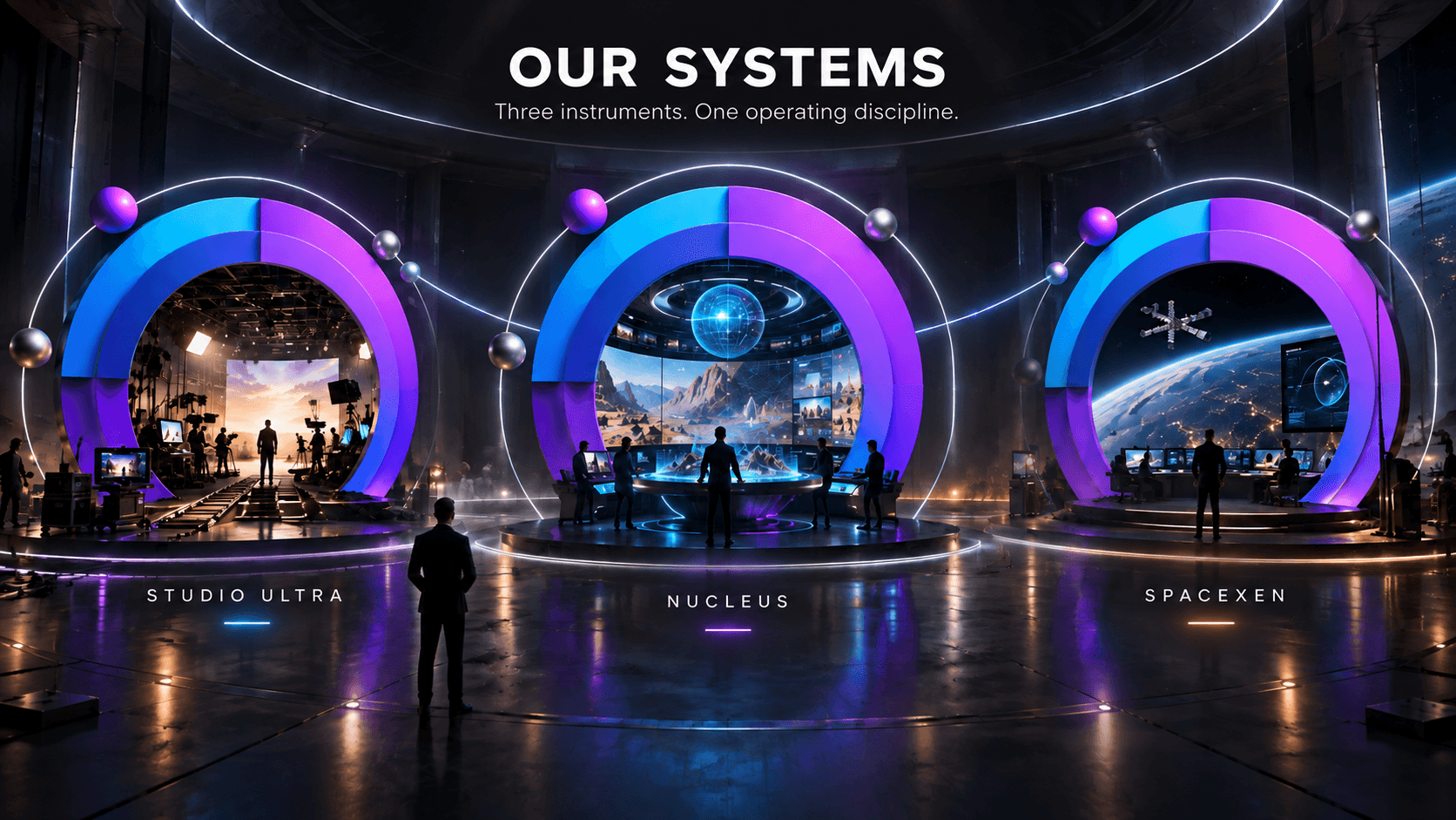 Studio Ultra, Nucleus, and SpaceXen represented as three distinct operational environments